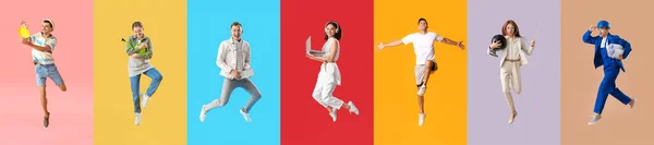 Group Jumping Young People Color Background — Stock Photo, Image