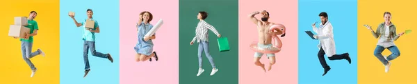 Set Jumping Young People Color Background — Stock Photo, Image