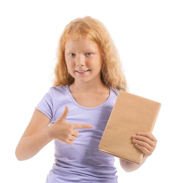 Little Redhead Girl Pointing Old Book White Background — Stock Photo, Image