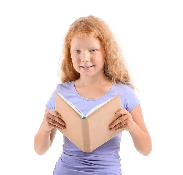 Little Redhead Girl Old Book White Background — Stock Photo, Image