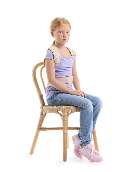 Little Girl Back Brace Sitting White Background — Stock Photo, Image