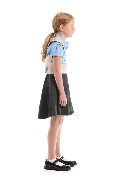 Little Schoolgirl Back Brace White Background — Stock Photo, Image
