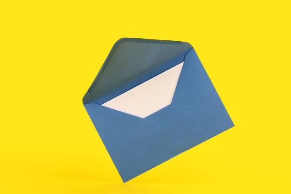 Envelope Papel Azul Com Cartão Fundo Amarelo — Fotografia de Stock