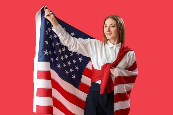 Beautiful Woman Usa Flag Red Background — Stock Photo, Image
