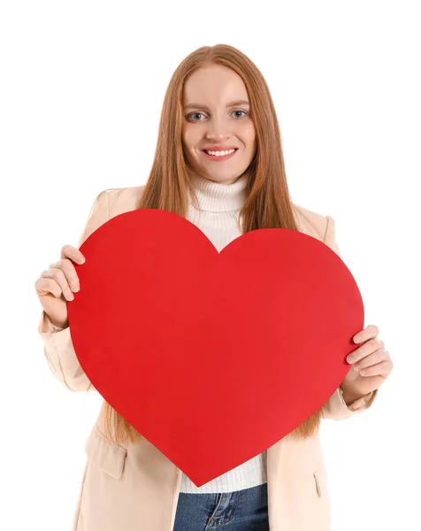 Mulher Ruiva Bonita Com Coração Papel Para Dia Dos Namorados — Fotografia de Stock