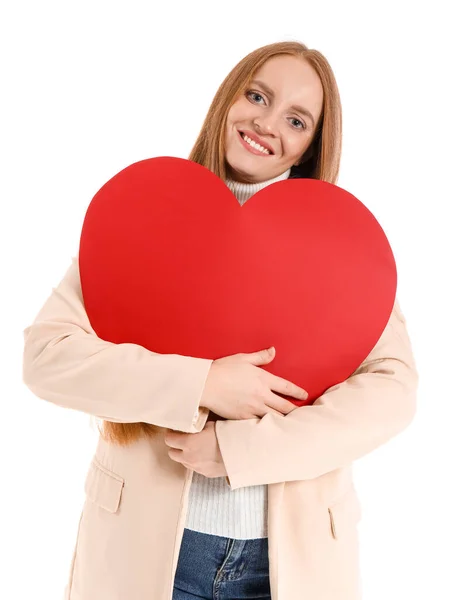 Mulher Ruiva Bonita Com Coração Papel Para Dia Dos Namorados — Fotografia de Stock