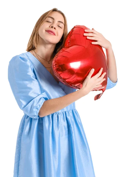 年轻女子的心形气球白色背景 情人节庆祝活动 — 图库照片