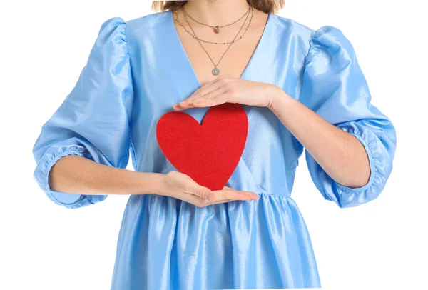 Молода Жінка Паперовим Серцем Білому Тлі Косметика День Святого Валентина — стокове фото