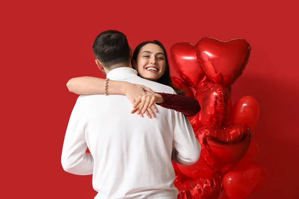 Engaged Couple Love Hugging Red Background Valentine Day Celebration — Stock Photo, Image