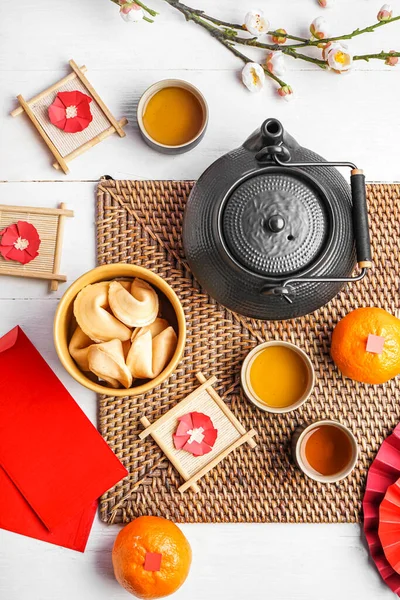 Teapot Fortune Cookies Mandarins Envelopes Chinese Symbols White Wooden Table — Stock Photo, Image