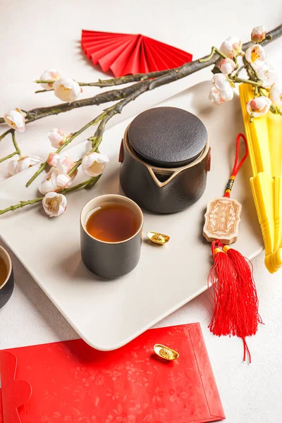 Tray Teapot Cup Sakura Chinese Symbols White Background New Year — Stock Photo, Image
