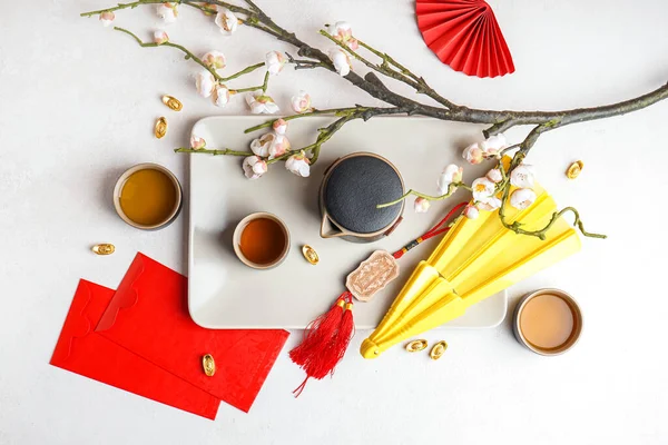 Teapot Cups Sakura Envelopes Chinese Symbols White Background New Year — Stock Photo, Image