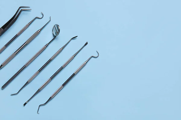 Different Dental Tools Blue Background — Stock Photo, Image