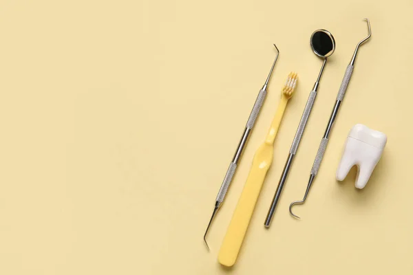 Dental Tools Plastic Tooth Brush Yellow Background — Stock Photo, Image