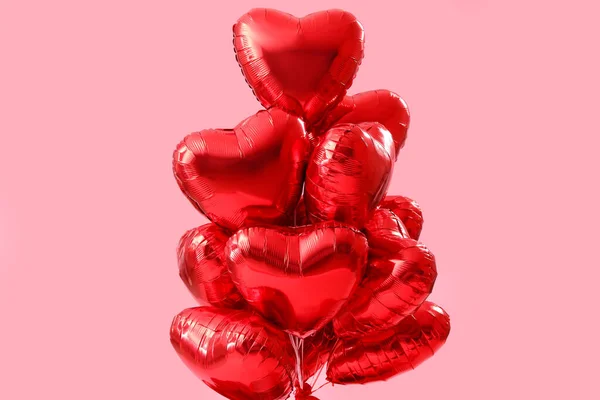 Balões Forma Coração Para Dia Dos Namorados Fundo Rosa — Fotografia de Stock