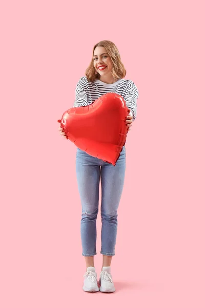 Beautiful Young Woman Red Heart Shaped Balloon Pink Background — Stock Photo, Image