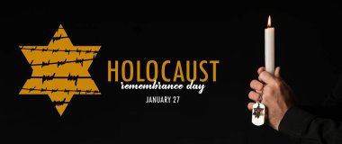 Banner for International Holocaust Remembrance Day with praying Jewish man holding candle on dark background clipart