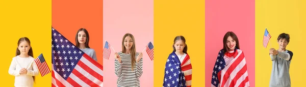 Many different people with American flags on color background