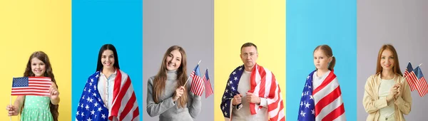Many people with flags of USA on color background