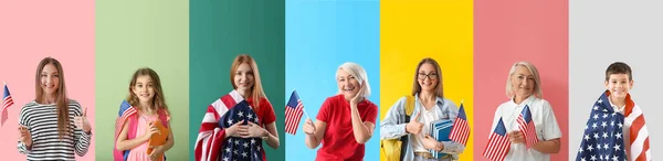 Many people with American flags on color background
