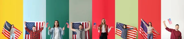 Many people with USA flags on color background