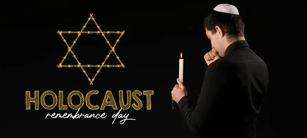 Banner International Holocaust Remembrance Day Jewish Man Holding Candle Dark — Stock Photo, Image