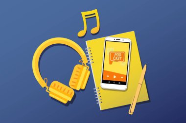Ekranda açık podcast çalma listesi, kulaklıklar ve mavi arkaplanda not defteri olan cep telefonu