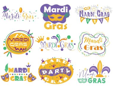 Beyaz arkaplanda MARDI GRAS (Şişman Salı) yazıları kümesi