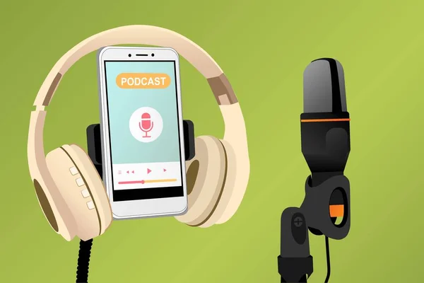 Κινητό Τηλέφωνο Ανοιχτή Λίστα Αναπαραγωγής Podcast Στην Οθόνη Ακουστικά Και — Διανυσματικό Αρχείο