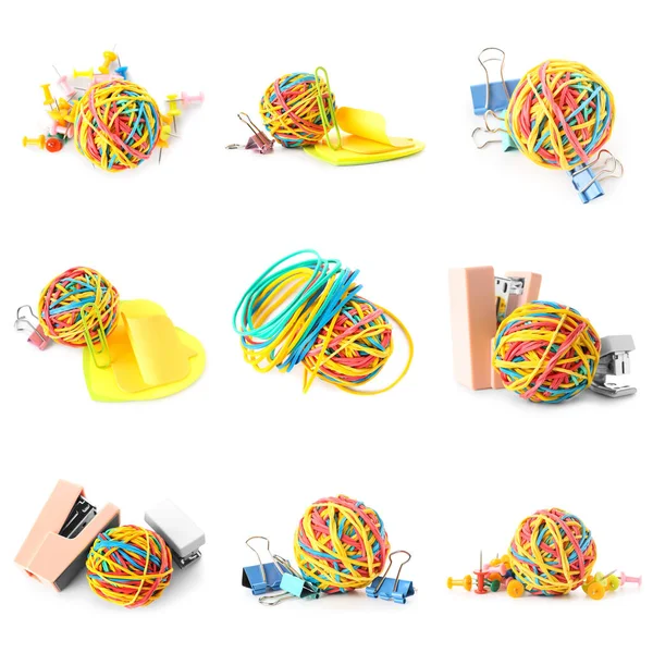 Collection Colorful Rubber Band Balls Stationery White Background — 스톡 사진