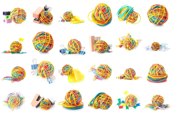 Collage Colorful Rubber Band Balls Stationery White Background — 스톡 사진