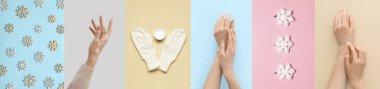 Set of female hands with winter cream, warm mittens and snowflakes on color background