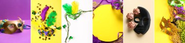 Collage with festive masks and decor on color background. Mardi Gras (Fat Tuesday) celebration