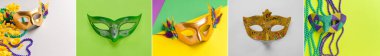 Collage with festive masks and decor on color background. Mardi Gras (Fat Tuesday) celebration