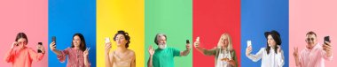 Collection of different people with mobile phones taking selfie on color background