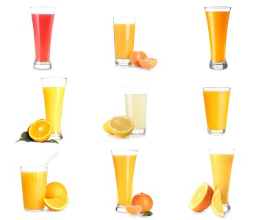 Set of glasses with tasty citrus juice on white background