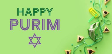 Beautiful greeting card for Happy Purim with Hamantaschen cookies and carnival mask on green background