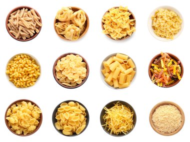 Collage of different types of Italian pasta in bowls on white background, top view