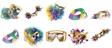 Collage of bright carnival masks with decor on white background