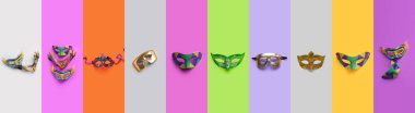 Collage of bright carnival masks on color background