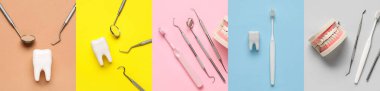 Collage of dental tools with toothbrushes, model of jaw and plastic teeth on color background