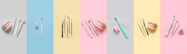Set of dental tools with toothbrushes, models of jaw and plastic teeth on color background