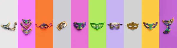 Collage Bright Carnival Masks Color Background — Stockfoto
