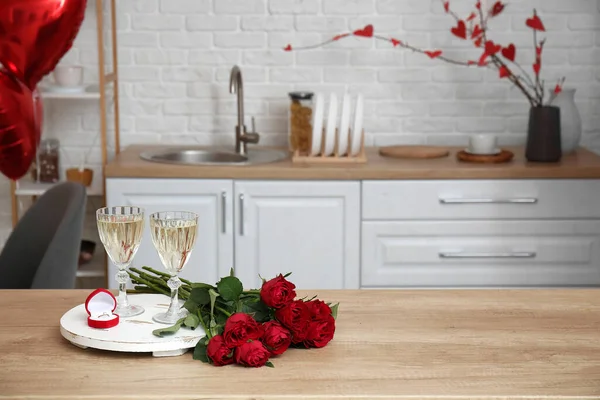 Engagement Ring Roses Glasses Champagne Counter Kitchen Decorated Valentine Day — Stock Photo, Image
