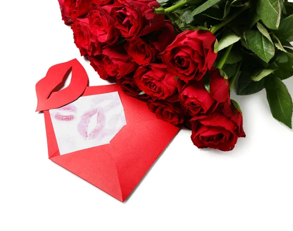 Red Roses Envelope Lipstick Kisses Paper Lips White Background Valentine — Stock Photo, Image