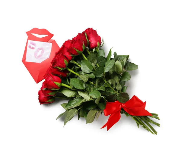 Red Roses Envelope Lipstick Kisses Paper Lips White Background Valentine — Stock Photo, Image