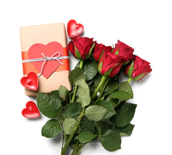 Red Roses Gift Candles White Background Valentine Day Celebration — Stock Photo, Image