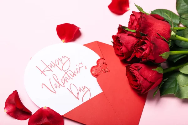 Card Text Happy Valentine Day Roses Pink Background Closeup — Foto Stock