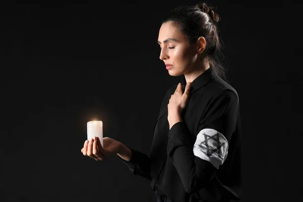 Young Woman Candle Armband Praying Black Background International Holocaust Remembrance — Stock Photo, Image