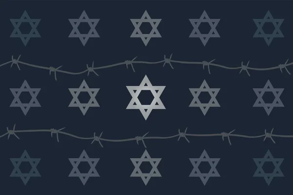 大卫在深灰色的背景上开了星和铁丝网 国际大屠杀纪念日 — 图库矢量图片